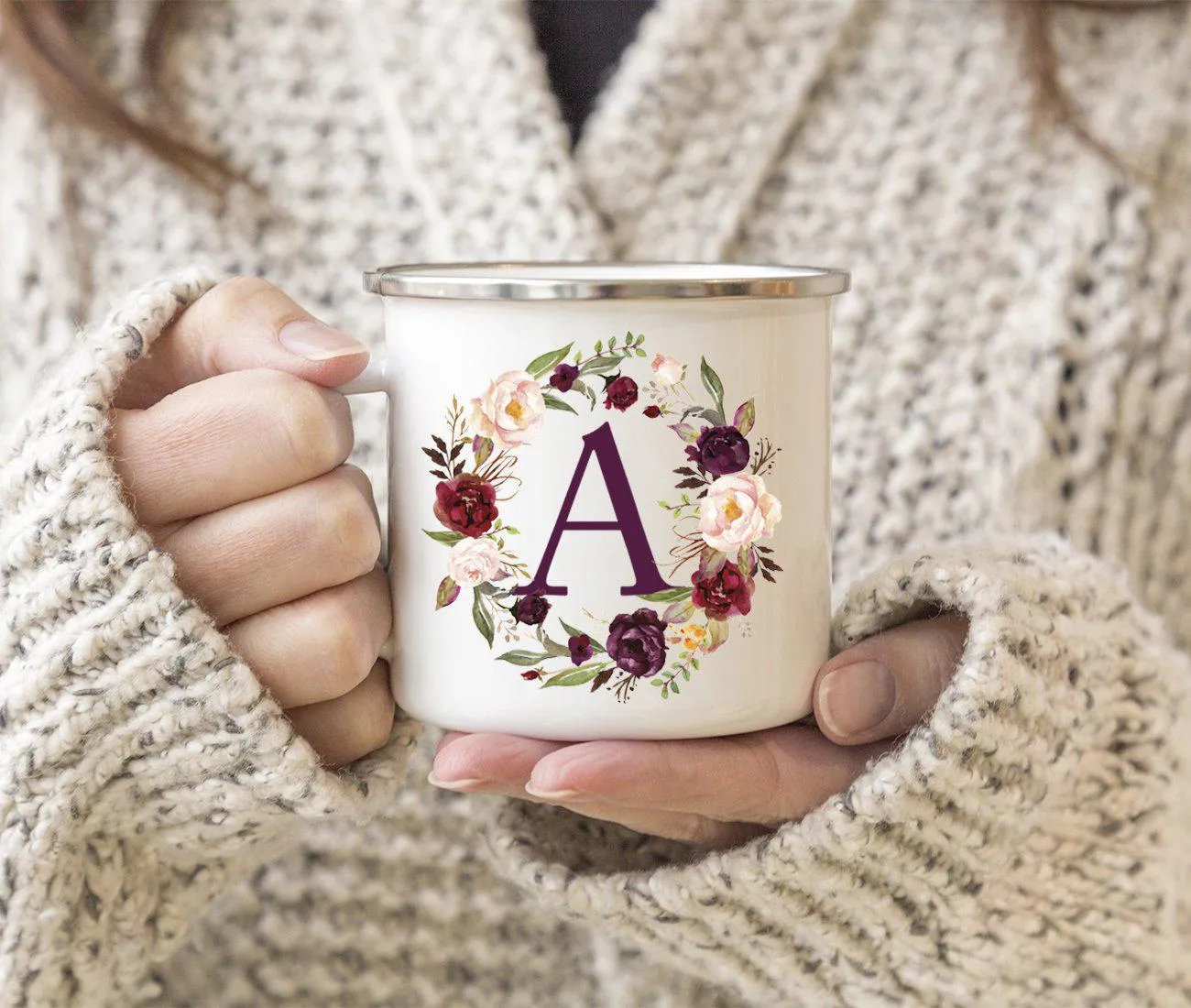 Andaz Press 11 oz Fall Autumn Burgundy Marsala Floral Wreath Monogram Campfire Coffee Mug