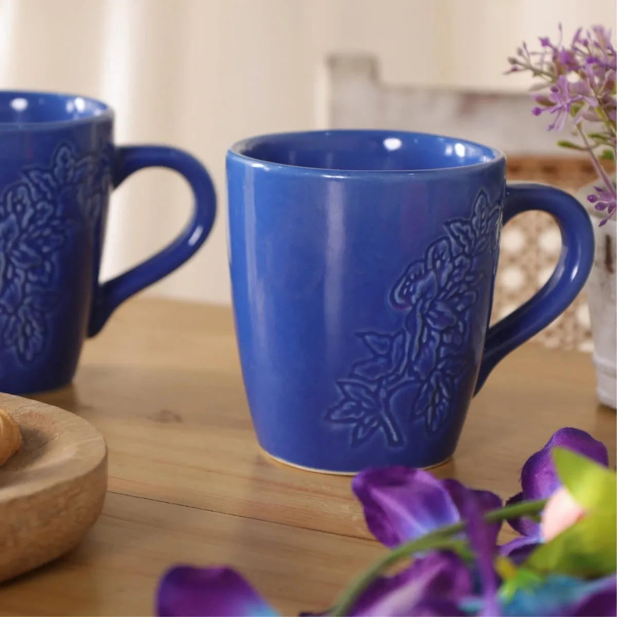 Blue Ceramic Luxury Coffee & Tea Mugs Set Of 2 For Kitchen And Dining | Floral Motif | Microwave Safe, Dishware Safe | Handcrafted In India