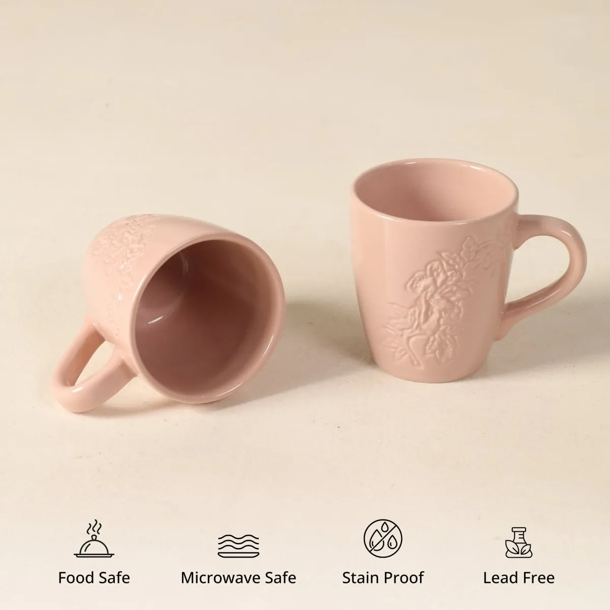 Tuscan Pink Luxury Coffee & Tea Mugs Set Of 2 For Kitchen And Dining | Floral Motif | Microwave Safe, Dishware Safe | Handcrafted In India